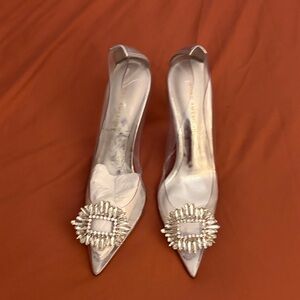 Good American Silver Pointed-Toe Heels with Crystal Buckle